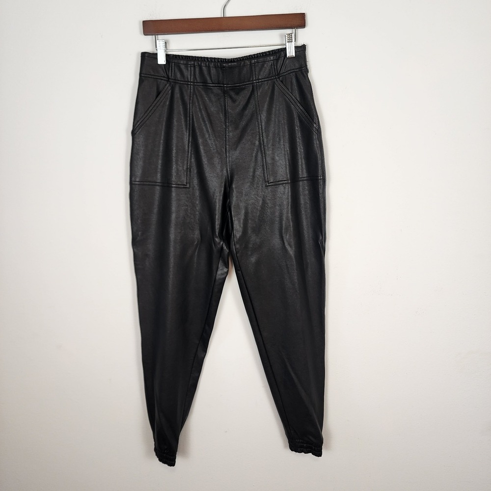 SPANX Black Faux‎ Leather Pull-On High Rise Joggers Track Pants Medium Pockets